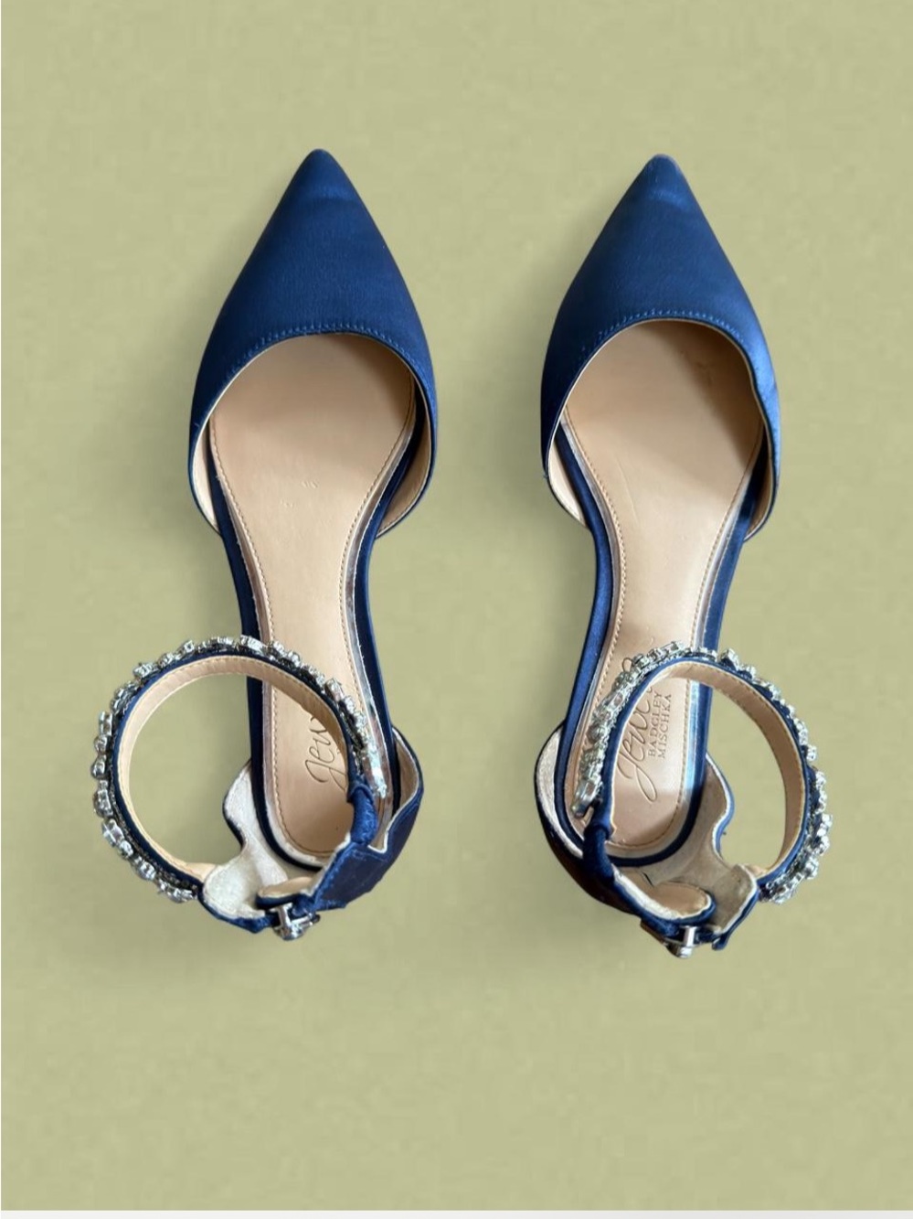 Badgley Mischka Sapphire Blue Satin Pointed-Toe Crystal Ankle-Strap Flats